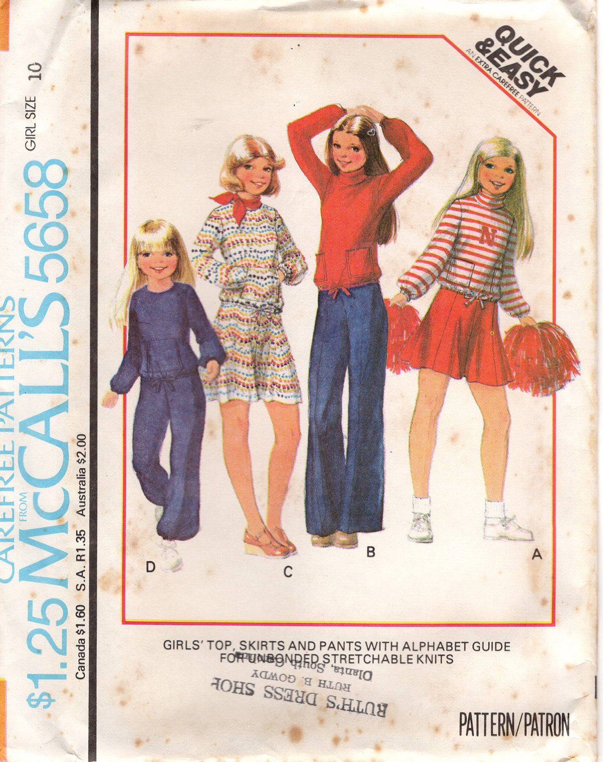 1970's McCall's Child's Pullover Top, Skirt and Pants Pattern with Alphabet guide - Chest 27-32" - No. 5658