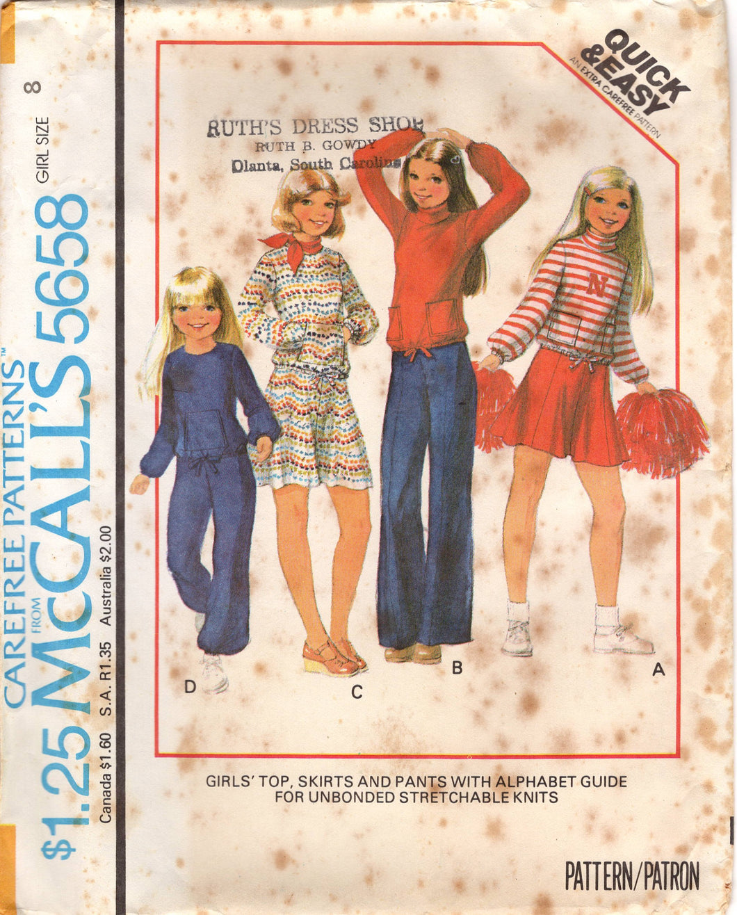 1970's McCall's Child's Pullover Top, Skirt and Pants Pattern with Alphabet guide - Chest 27-32