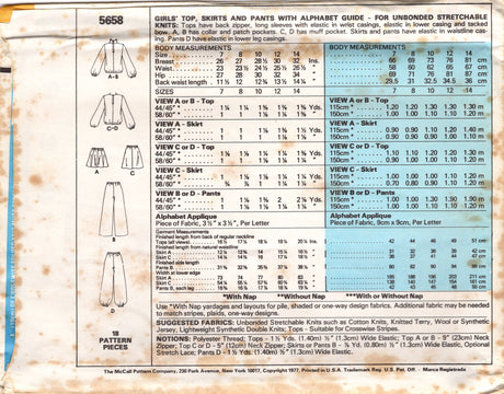 1970's McCall's Child's Pullover Top, Skirt and Pants Pattern with Alphabet guide - Chest 27-32" - No. 5658