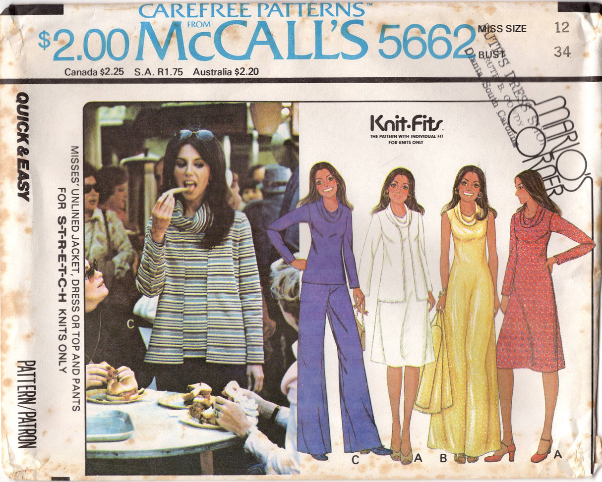 1970's McCall's Cowl Neck Dress or Top, Unlined Jacket and Pants pattern - Bust 32.5-34" - No. 5662