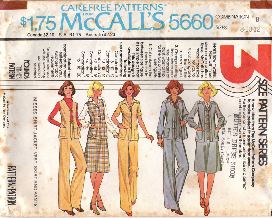 1970's McCall's Shirt Jacket, Vest or Jacket, Blouse, A line Skirt or Pants pattern - Bust 31.5-34