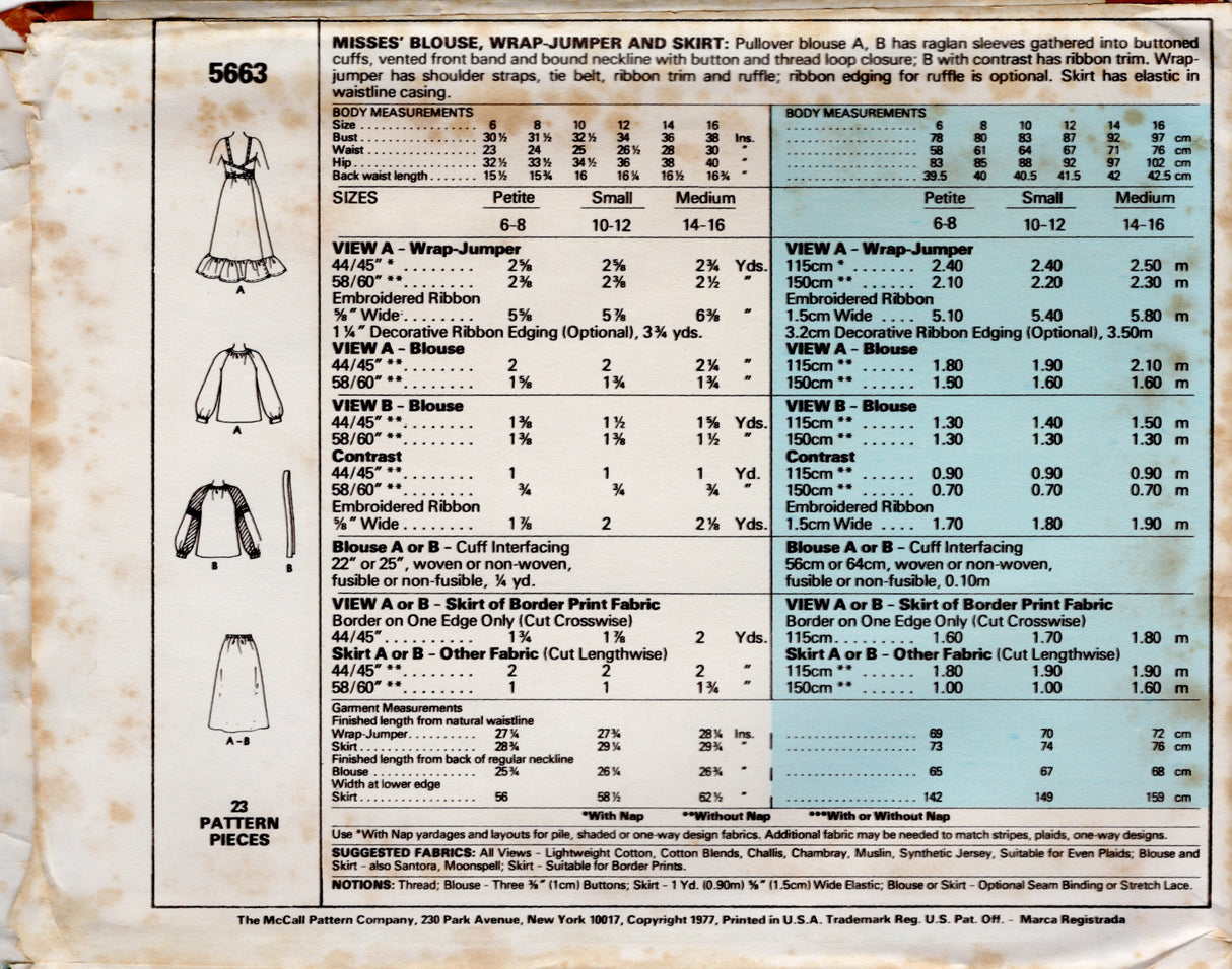 1970's McCall's Wrap Dress, Peasant Blouse and Midi Skirt - Bust 30.5-31.5" - No. 5663