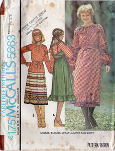 1970's McCall's Wrap Dress, Peasant Blouse and Midi Skirt - Bust 30.5-31.5" - No. 5663