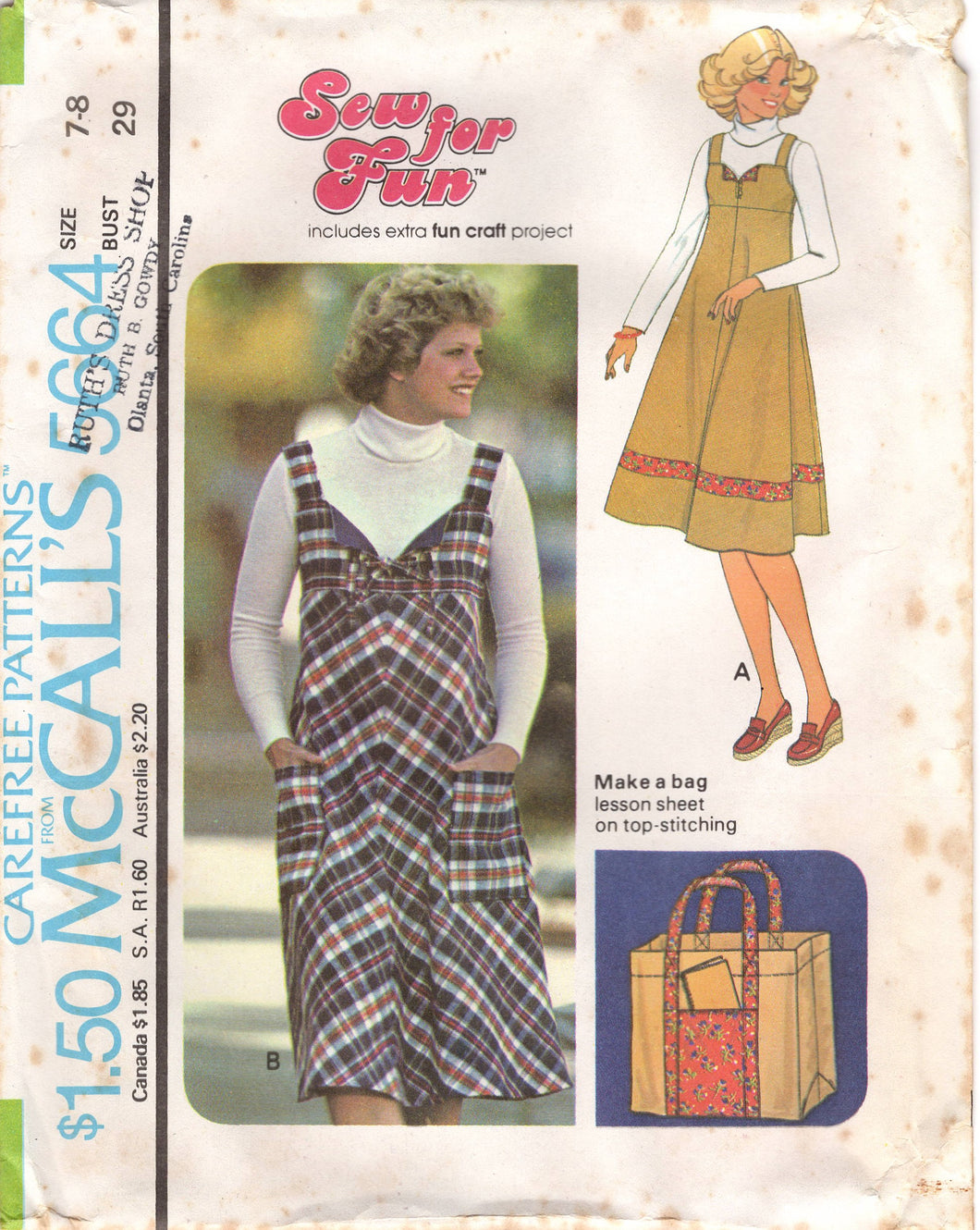1970's McCall's Empire Waist Strappy Dress and Tote Bag Pattern - Bust 29-38