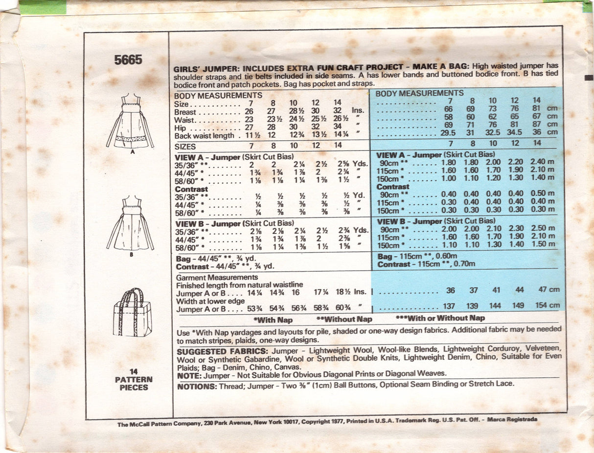 1970's McCall's Child's Empire Waist Strappy Dress and Tote Bag Pattern - Chest 26-32" - No. 5665