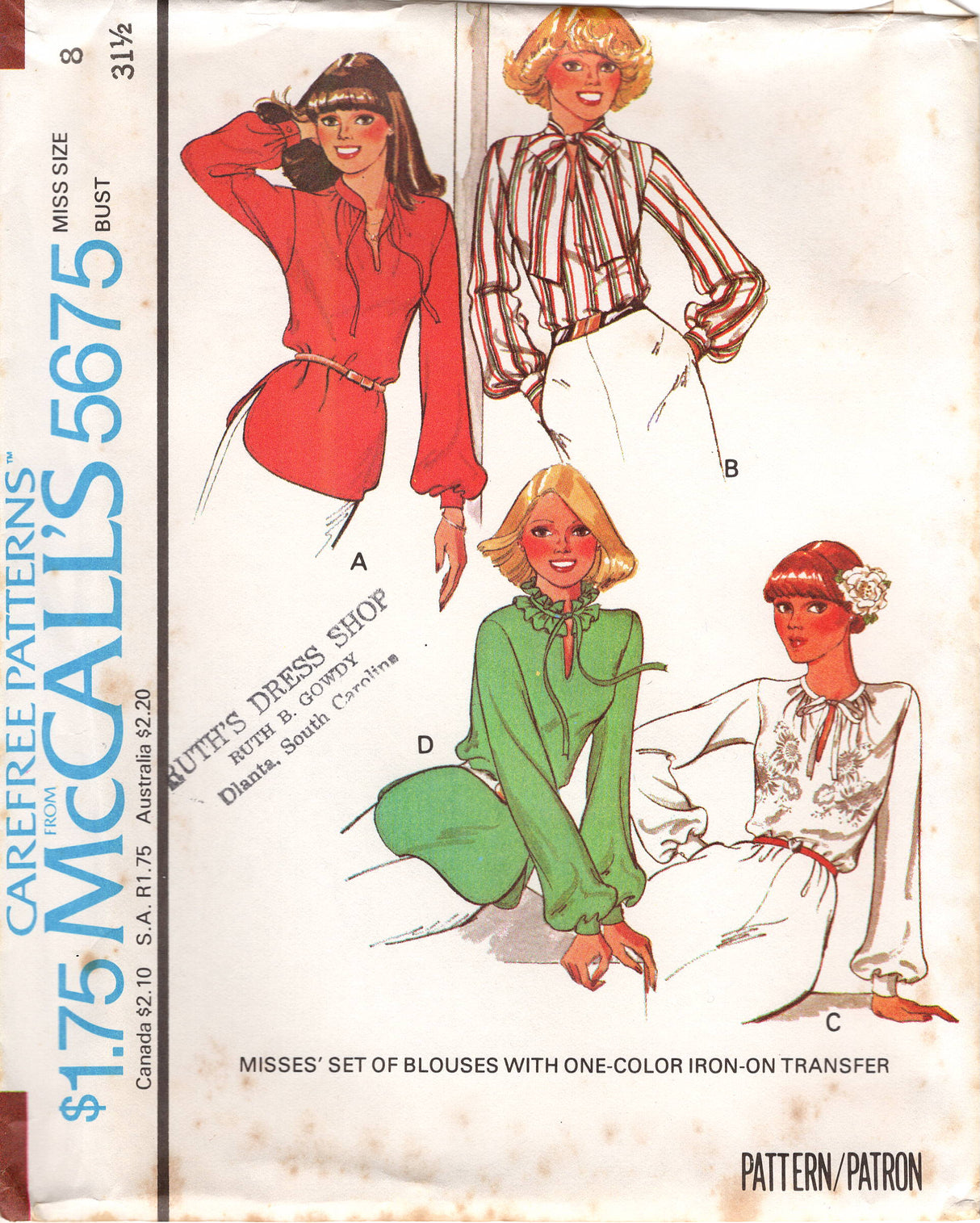 1970's McCall's Slit Neckline Blouse with Mandarin or Ruffle Collar Pattern - Bust 31.5-32.5" - no. 5675