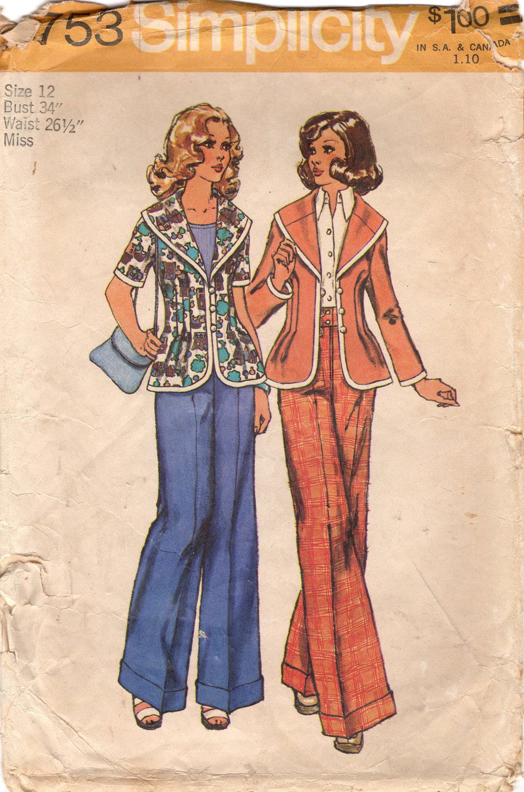 1970's Simplicity Nipped Waist Jacket Pattern and Wide Leg Pants Suit - Bust 34
