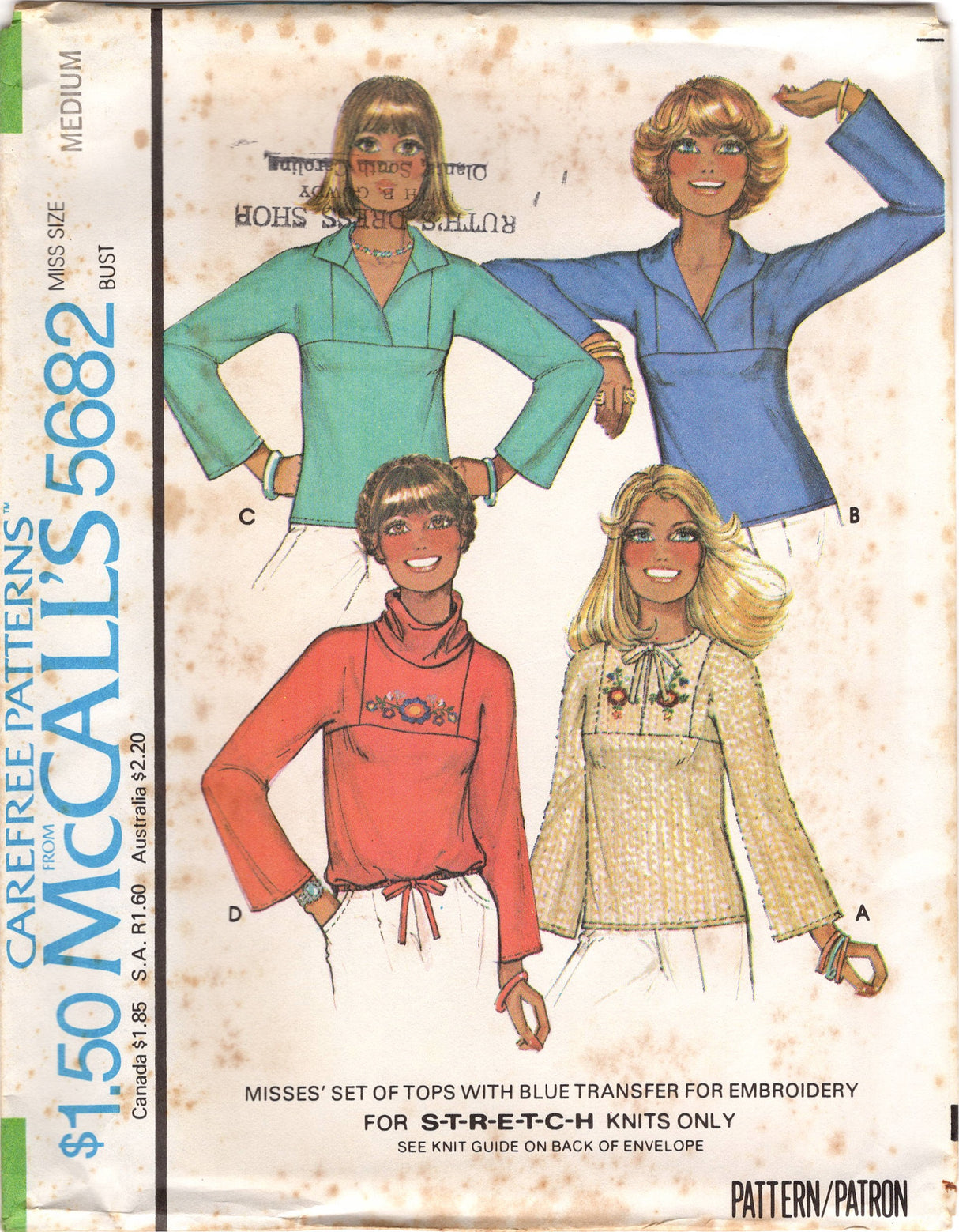 1970's McCall's Pullover Top with Yoke and Floral Embroidery - Bust 30.5-38" - No. 5682