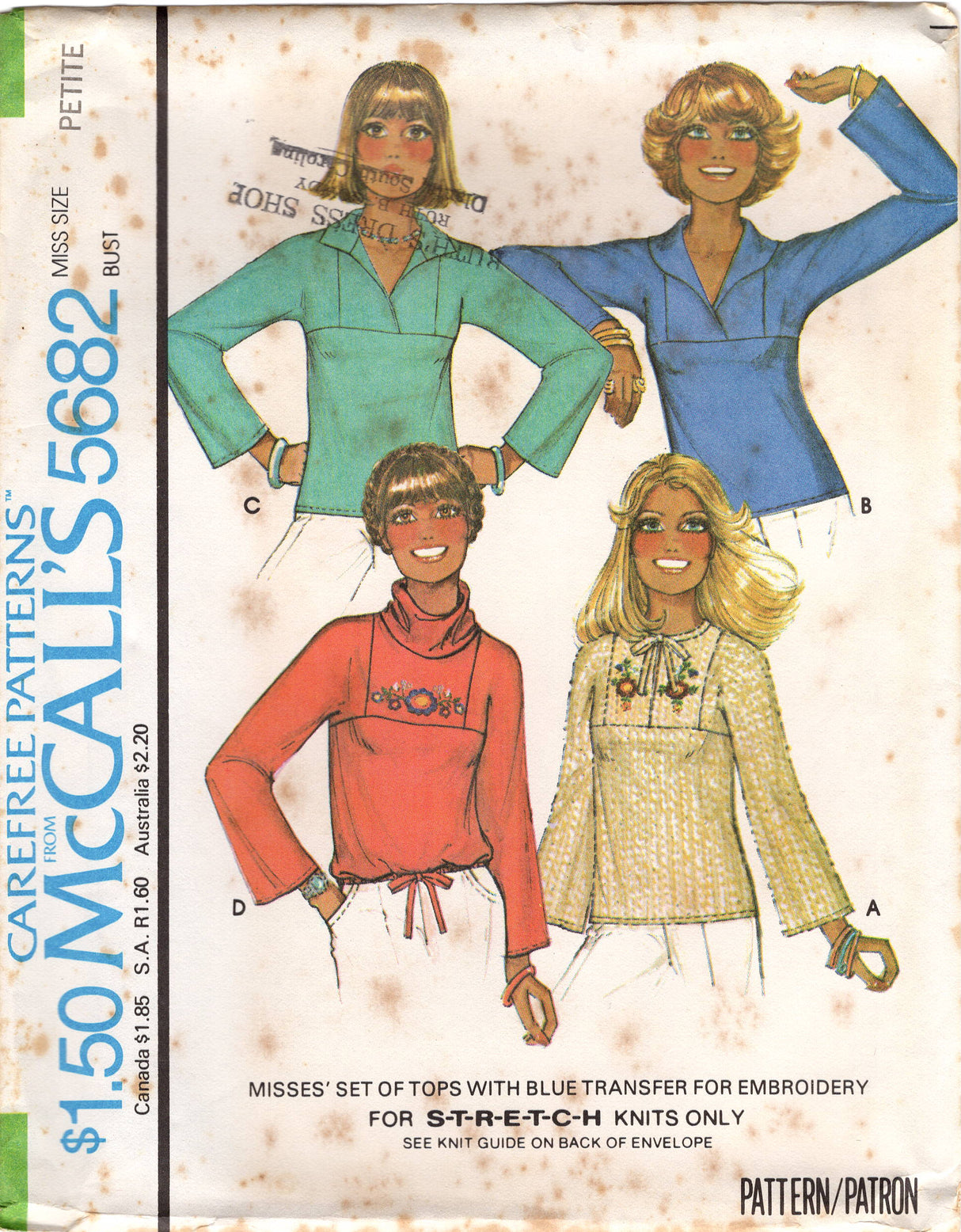 1970's McCall's Pullover Top with Yoke and Floral Embroidery - Bust 30.5-38" - No. 5682