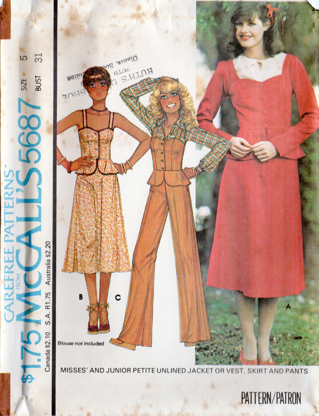 1970's McCall's Princess line Button Up Top with peplum, Unlined jacket, Straight Skirt, High Waisted Pants - Bust 31-33