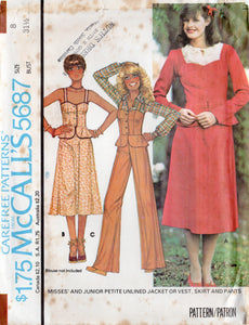 1970's McCall's Princess line Button Up Top with peplum, Unlined jacket, Straight Skirt, High Waisted Pants - Bust 31-33" - No. 5687