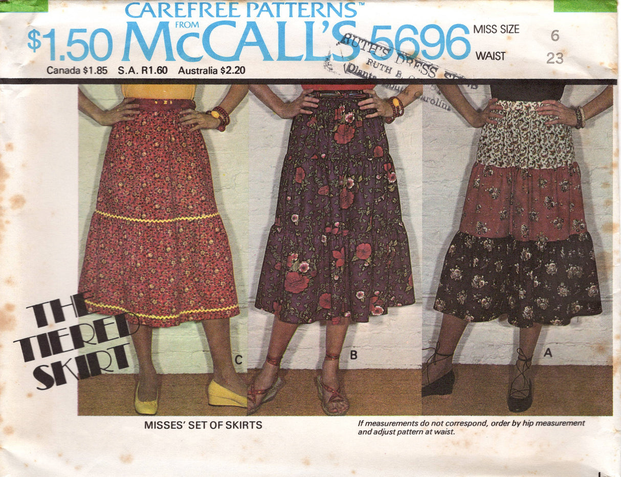 1970's McCall's Tiered Skirt Pattern - Waist 23-30" - No. 5696