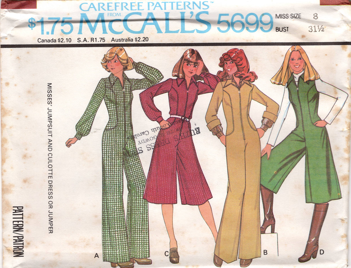 1970's McCall's Culotte or Full length Jumpsuit or Romper with Inline Pockets Pattern - Bust 30.5-31.5" - No. 5699