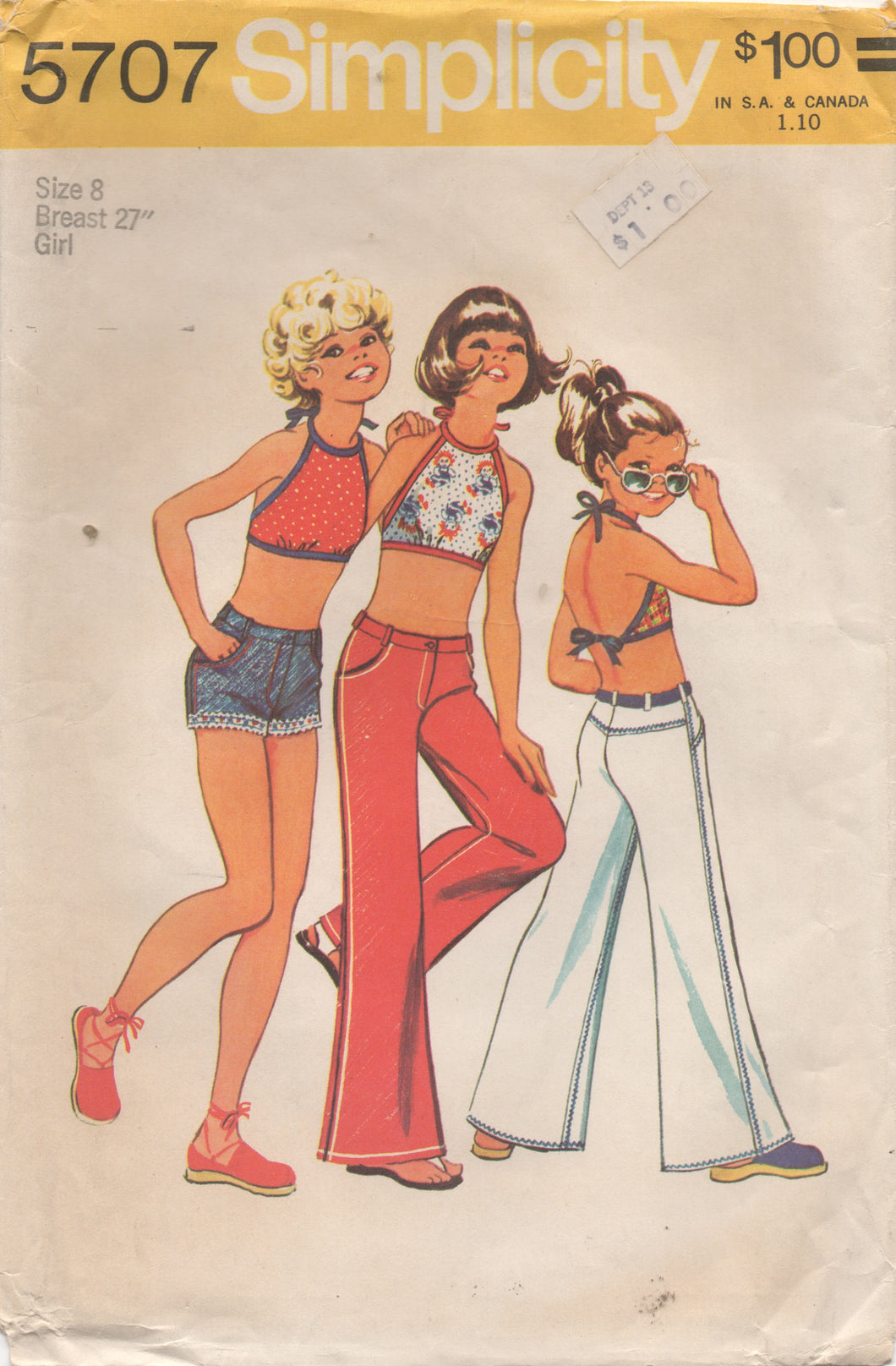 1970's Simplicity Sun Top and Bell Bottoms or Short Shorts - Chest 27