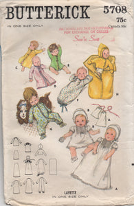 1960's Butterick Baby Layette with Hat, Dress in two lengths, Jumpsuit, Sleep sac, and Kimono - No. 5708