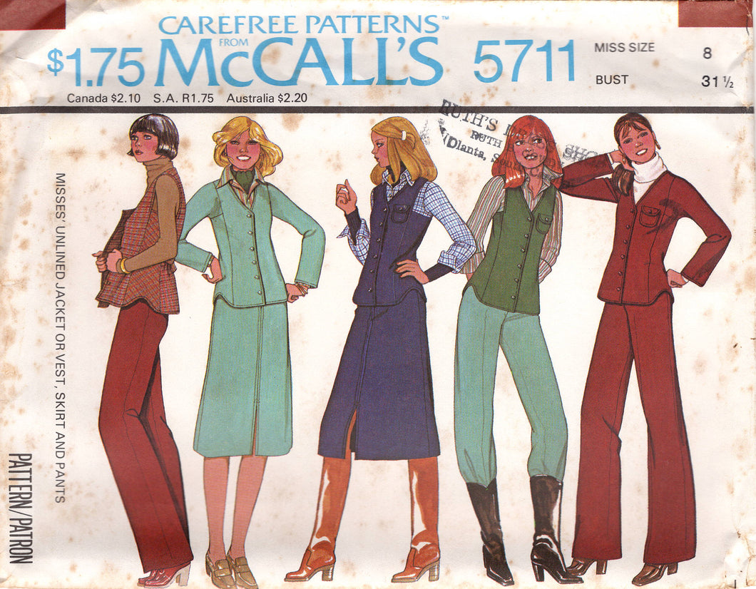 1970's McCall's Vest, Unlined Jacket and Wide Leg Pants or Flared Skirt pattern - Bust 31-34