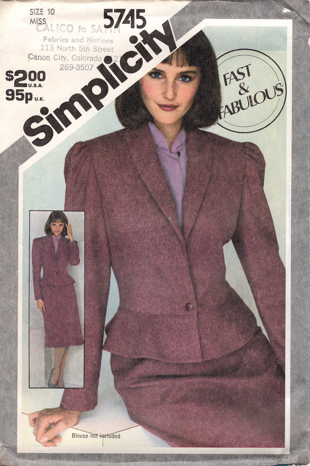 1980's Simplicity  Unlined Fitted Jacket with Peplum, and Slim Skirt Pattern - Bust 32.5