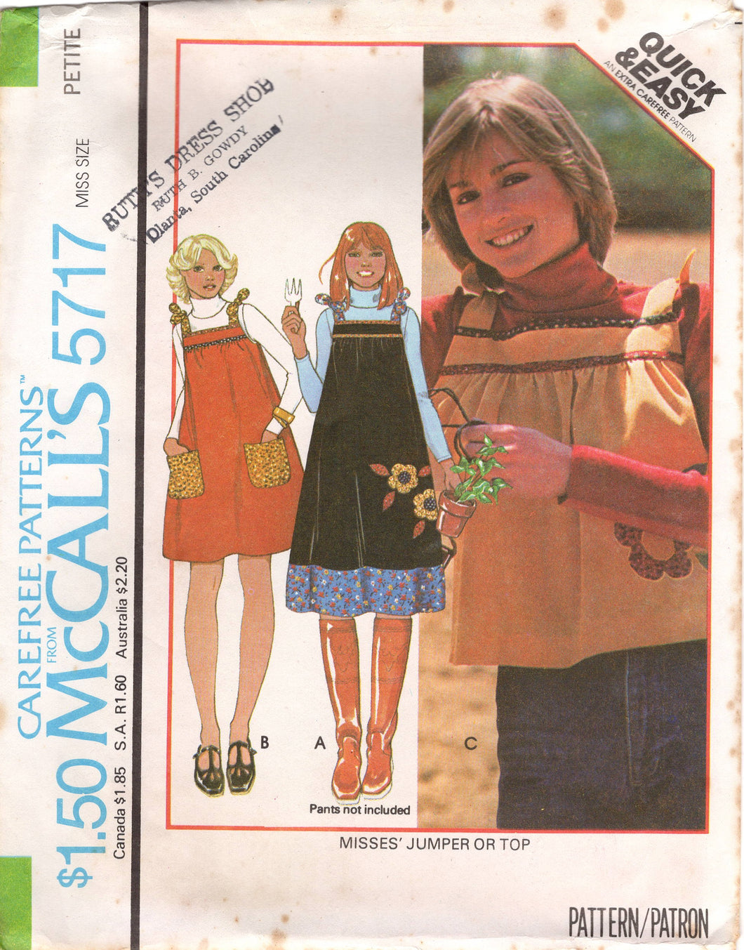 1970's McCall's Baby Doll Top, Midi or Jumper Dress pattern with optional pockets - Bust 30.5-38