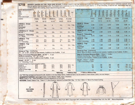 1970's McCall's Dress, Tunic or Top with Mandarin Collar, Bag and Scarf Pattern  - Bust 30.5-34" - No. 5719