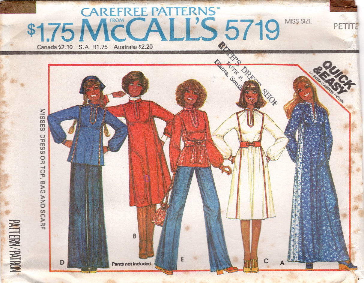 1970's McCall's Dress, Tunic or Top with Mandarin Collar, Bag and Scarf Pattern  - Bust 30.5-34" - No. 5719