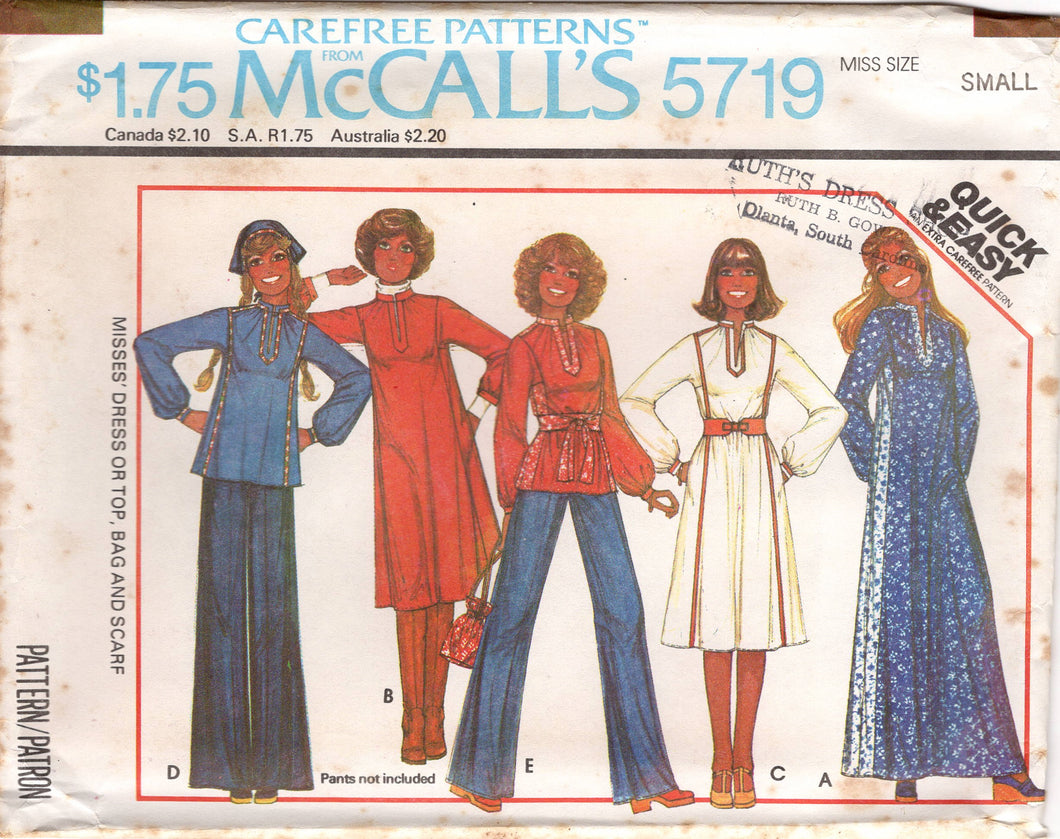 1970's McCall's Dress, Tunic or Top with Mandarin Collar, Bag and Scarf Pattern  - Bust 30.5-34