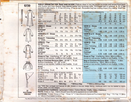 1970's McCall's Dress, Tunic or Top with Mandarin Collar, Bag and Scarf Pattern  - Child 7-14 - No. 5720