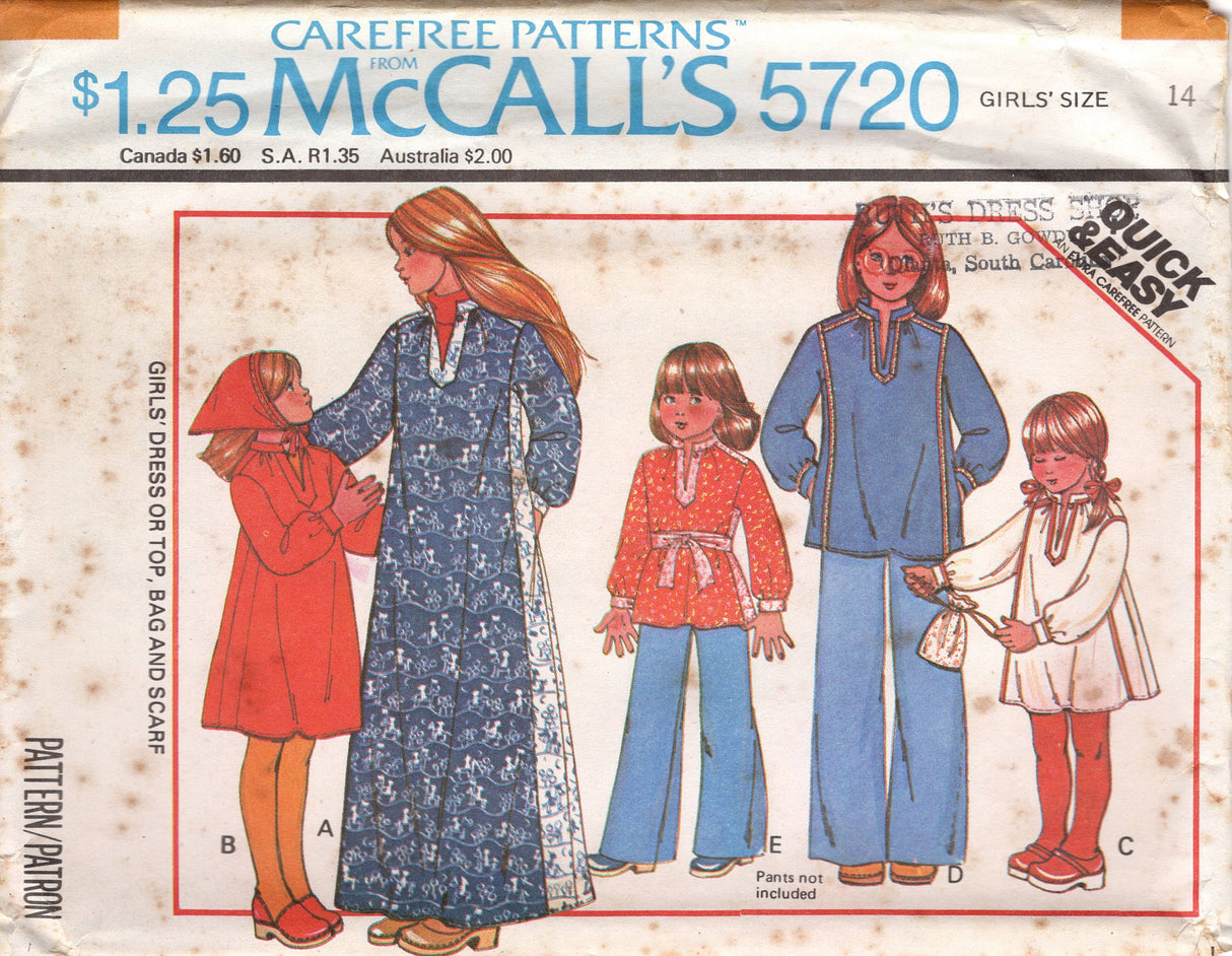 1970's McCall's Dress, Tunic or Top with Mandarin Collar, Bag and Scarf Pattern  - Child 7-14 - No. 5720