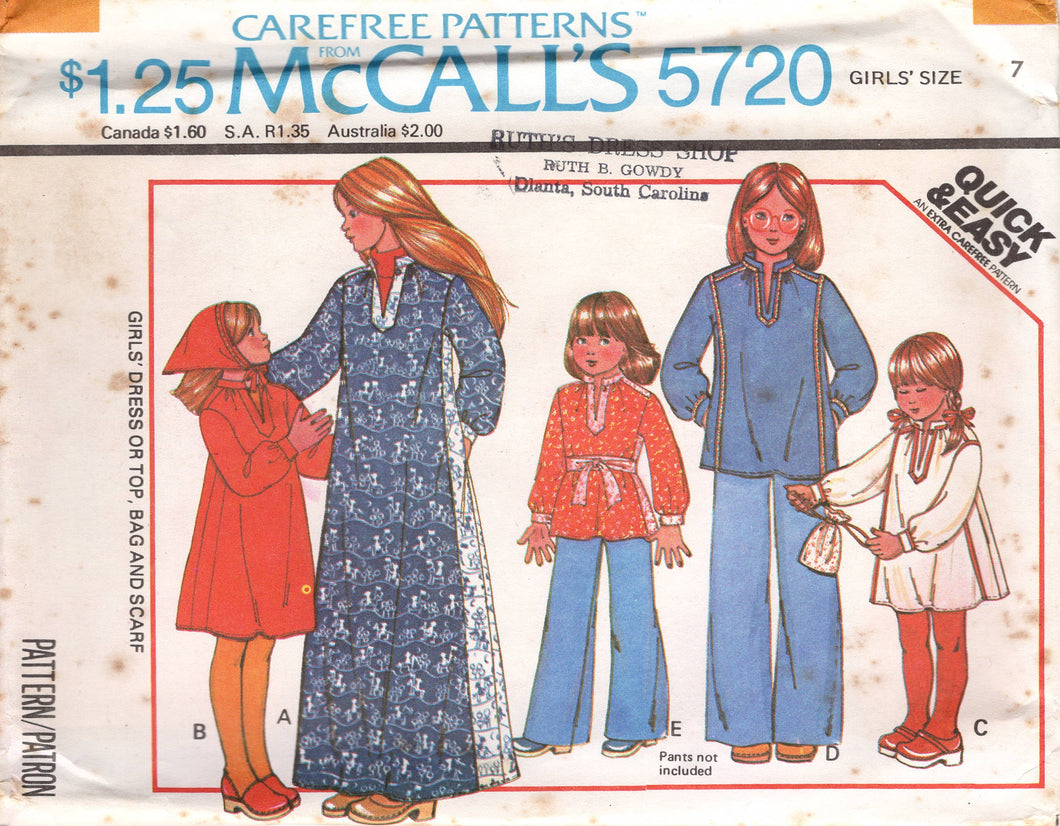 1970's McCall's Dress, Tunic or Top with Mandarin Collar, Bag and Scarf Pattern  - Child 7-14 - No. 5720