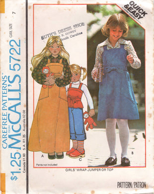 1970's McCall's Back Wrap Dress, TUnic and Top Pattern  - Child 7-14 - No. 5722