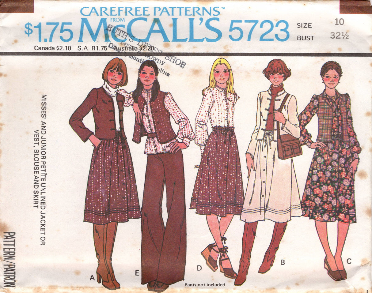 1970's McCall's Blouse with Full Sleeves, Button Up Vest, Unlined Jacket and Flared Skirt with Yoke pattern - Bust 31-36" - No. 5723