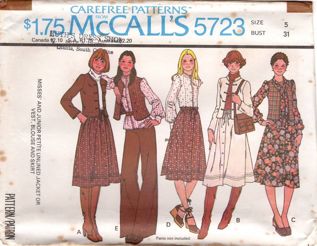 1970's McCall's Blouse with Full Sleeves, Button Up Vest, Unlined Jacket and Flared Skirt with Yoke pattern - Bust 31-36" - No. 5723