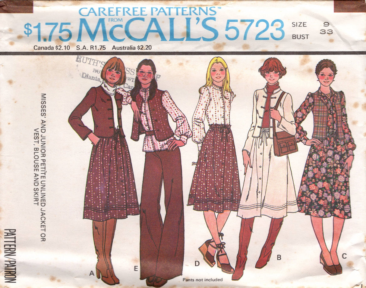 1970's McCall's Blouse with Full Sleeves, Button Up Vest, Unlined Jacket and Flared Skirt with Yoke pattern - Bust 31-36" - No. 5723