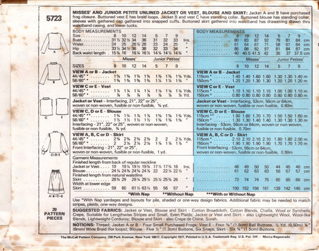 1970's McCall's Blouse with Full Sleeves, Button Up Vest, Unlined Jacket and Flared Skirt with Yoke pattern - Bust 31-36" - No. 5723