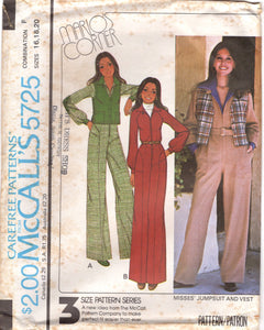 1970's McCall's Zip Front Jumpsuit with Hip Accents and Vest Pattern - Bust 30.5-38" - No. 5725