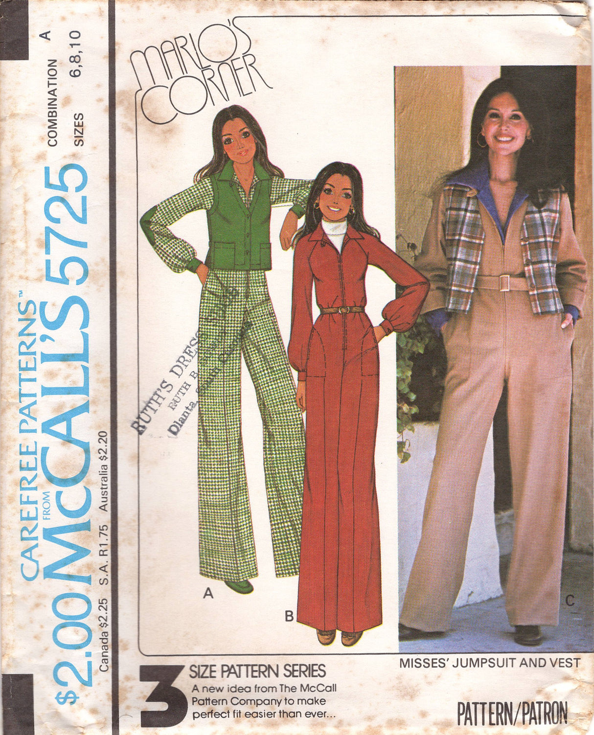 1970's McCall's Zip Front Jumpsuit with Hip Accents and Vest Pattern - Bust 30.5-38" - No. 5725