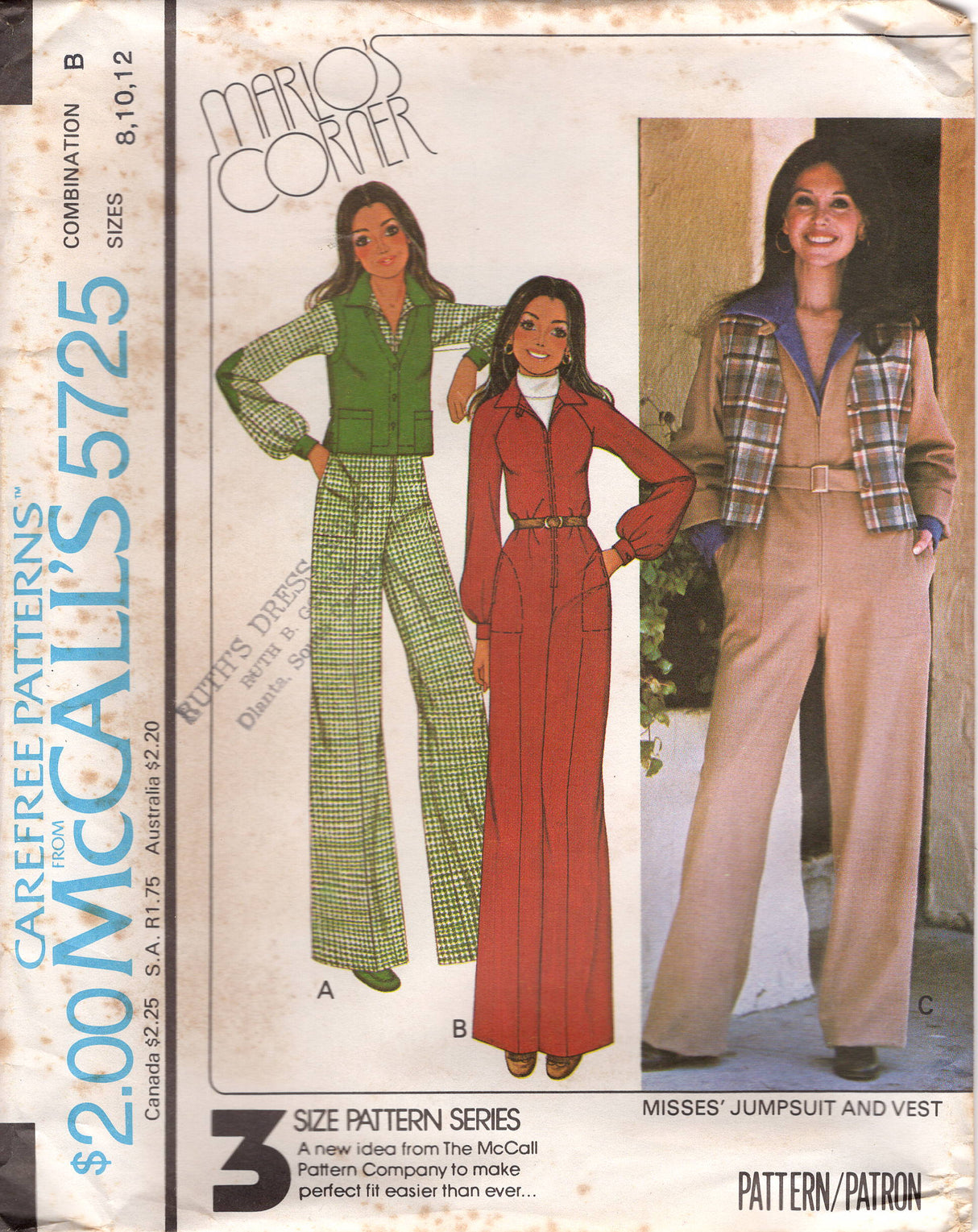 1970's McCall's Zip Front Jumpsuit with Hip Accents and Vest Pattern - Bust 30.5-38" - No. 5725