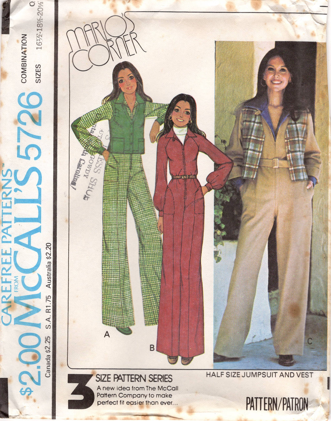1970's McCall's Zip Front Jumpsuit with Hip Accents and Vest Pattern - Bust 37-45