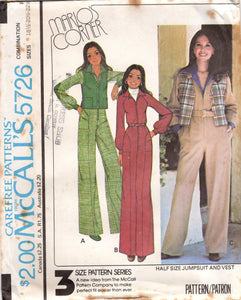 1970's McCall's Zip Front Jumpsuit with Hip Accents and Vest Pattern - Bust 37-45" - No. 5726