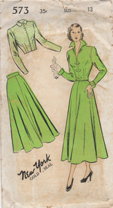 1940's New York Two-Piece Suit with Jacket with Tall Collar and A line Skirt Pattern - Bust 31" - No. 573