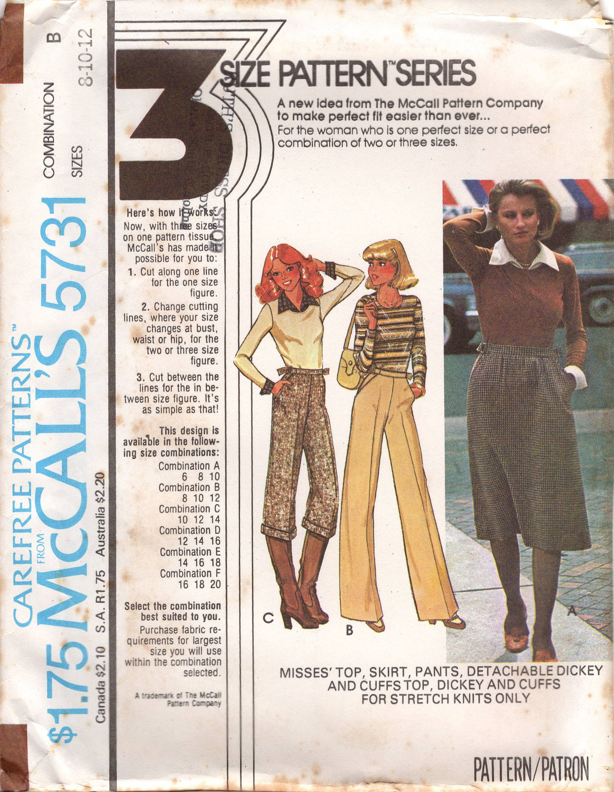 1970's McCall's Top with Round Neckline, Flared Skirt, Pants, and Detachable Dickey and Cuffs pattern - Bust 31.5-36" - No. 5731