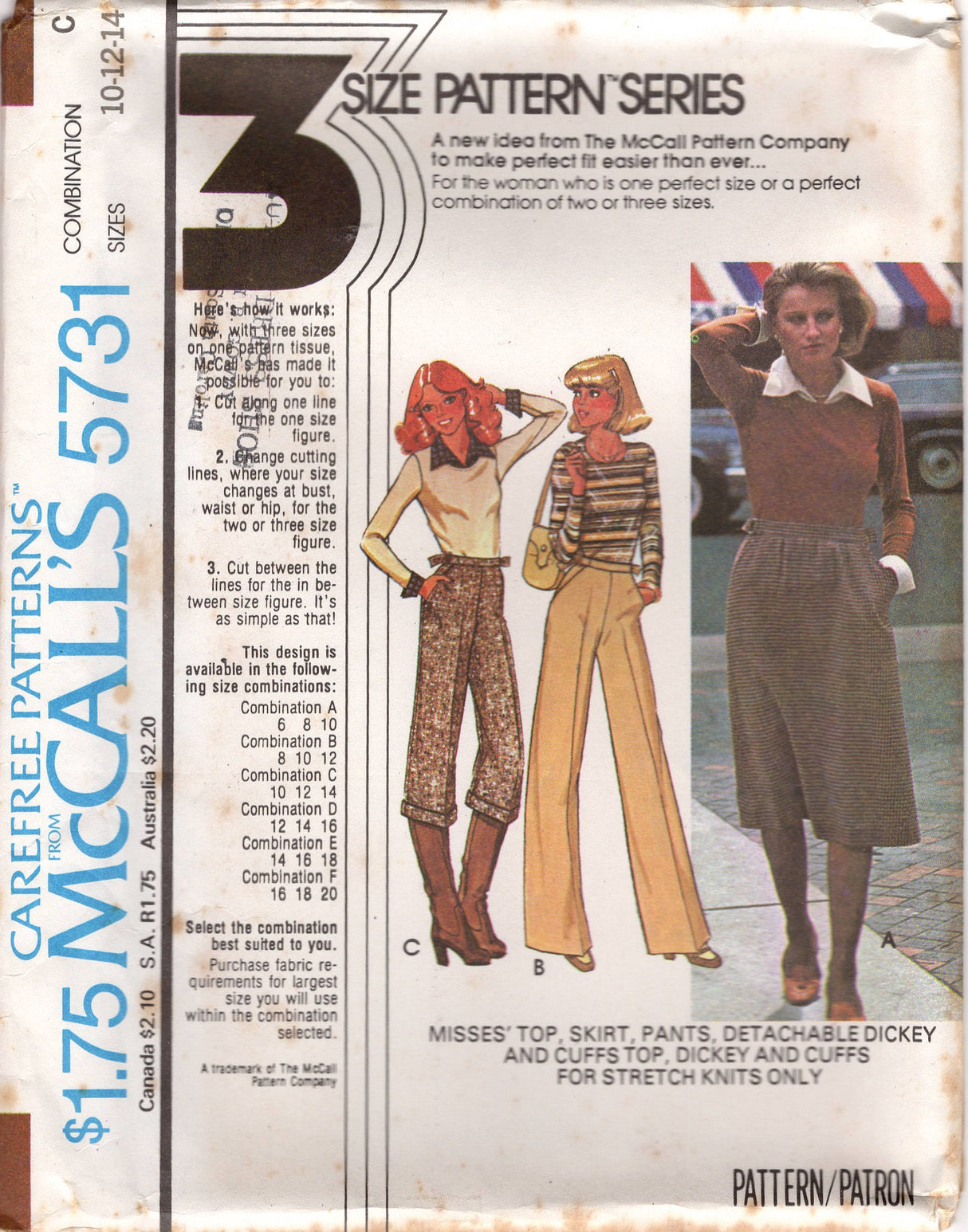 1970's McCall's Top with Round Neckline, Flared Skirt, Pants, and Detachable Dickey and Cuffs pattern - Bust 31.5-36" - No. 5731