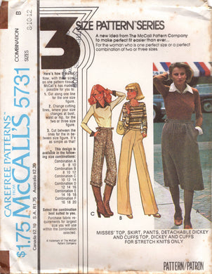 1970's McCall's Top with Round Neckline, Flared Skirt, Pants, and Detachable Dickey and Cuffs pattern - Bust 31.5-36