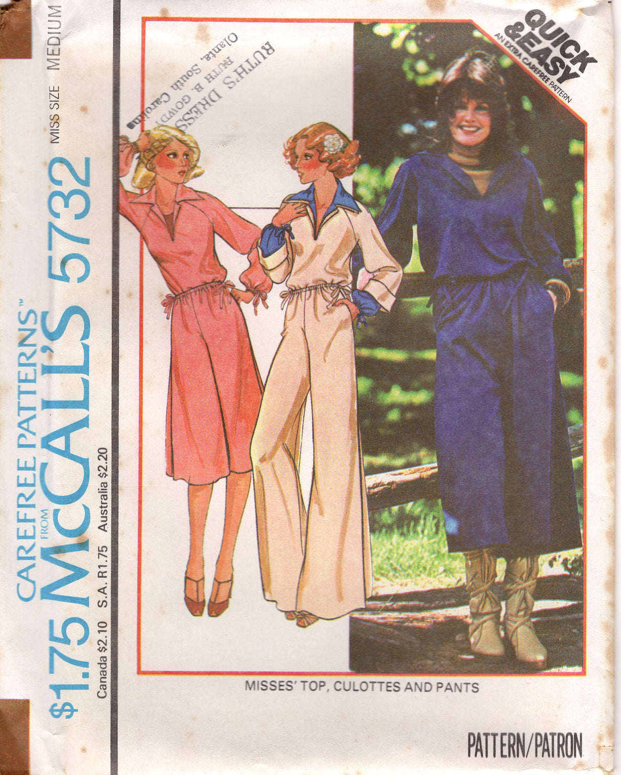 1970's McCall's Top with Oversize Collar, and Wide Leg Culottes or Pants pattern - Bust 32.5-34" - No. 5732