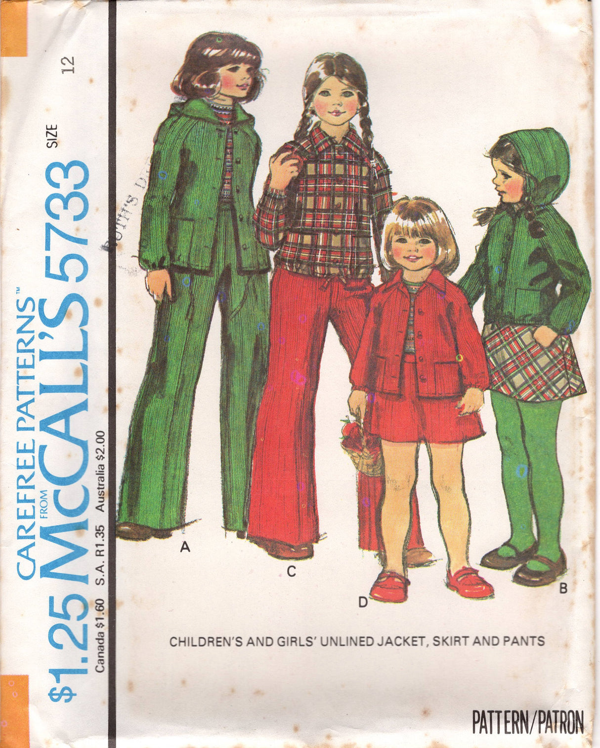 1970's McCall's Child's Unlined Hooded Jacket, A line Skirt, and Pants Pattern - Size 7-12 - No. 5733