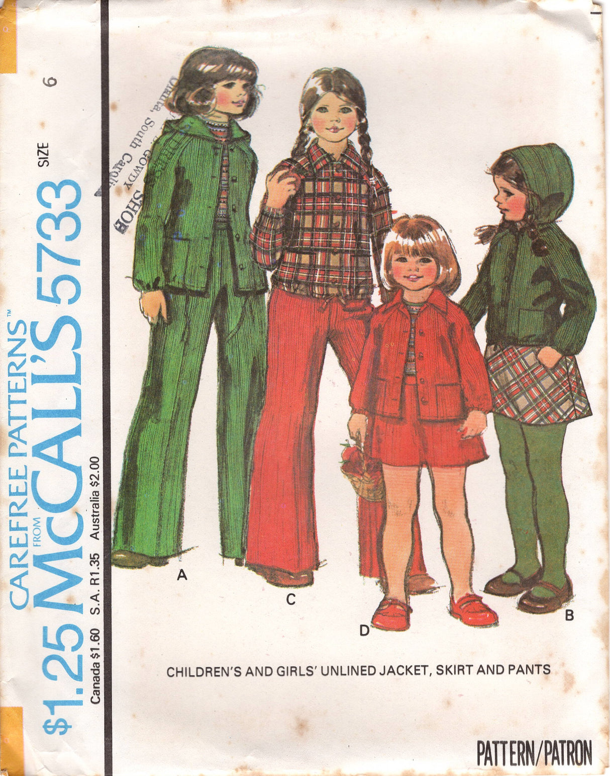 1970's McCall's Child's Unlined Hooded Jacket, A line Skirt, and Pants Pattern - Size 7-12 - No. 5733