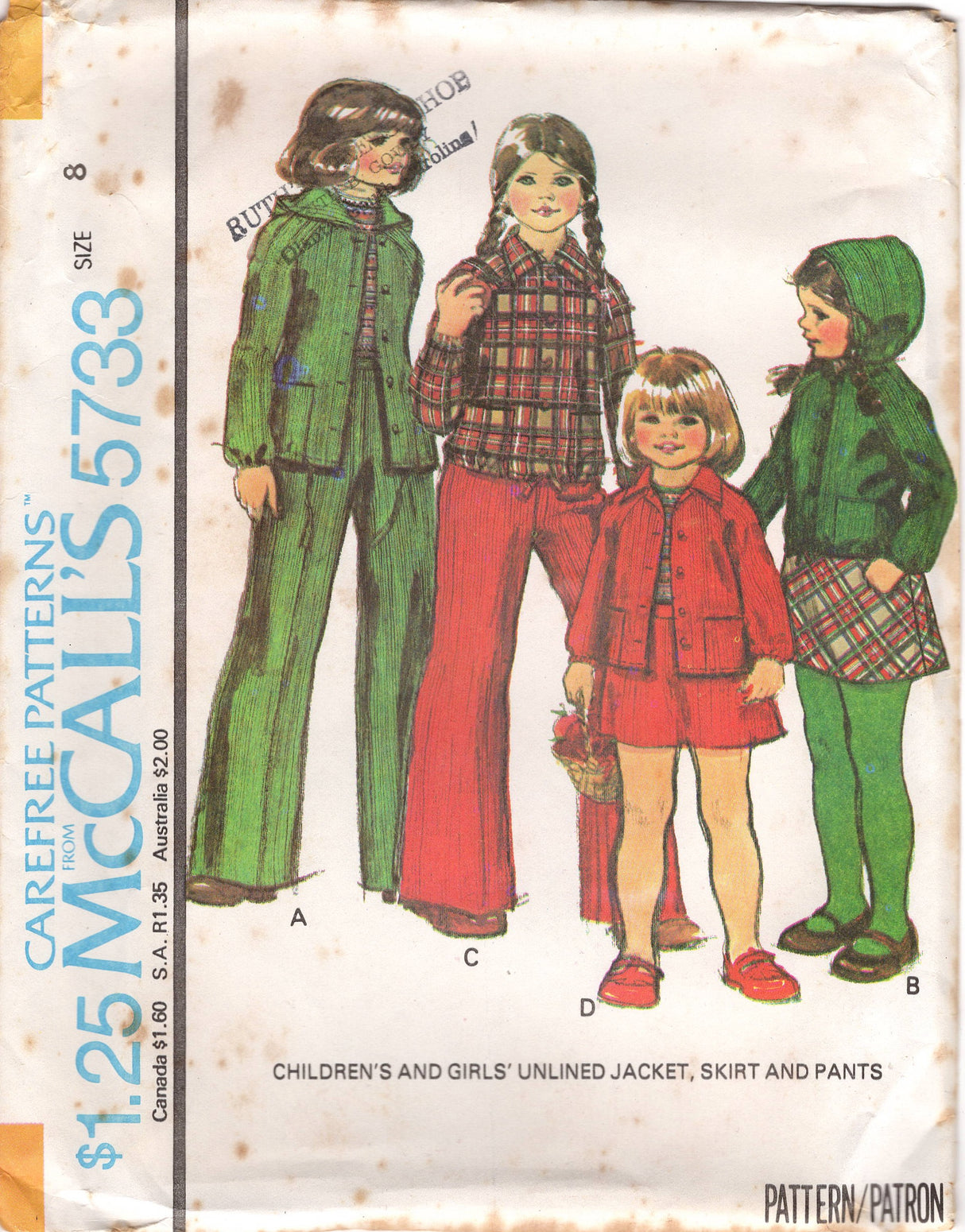 1970's McCall's Child's Unlined Hooded Jacket, A line Skirt, and Pants Pattern - Size 7-12 - No. 5733