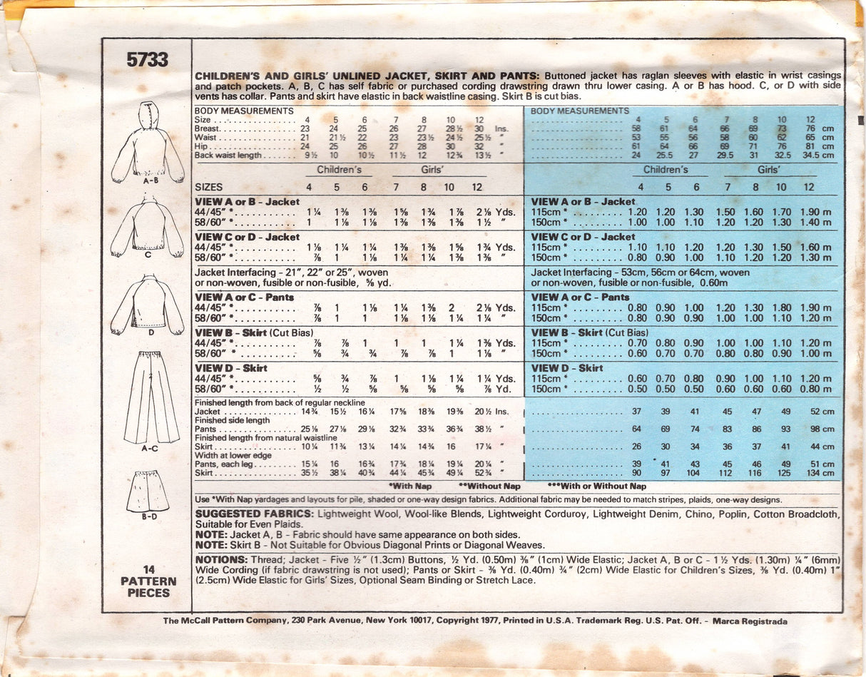 1970's McCall's Child's Unlined Hooded Jacket, A line Skirt, and Pants Pattern - Size 7-12 - No. 5733