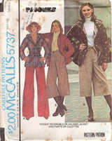 1970's McCall's Reversible or Unlined Jacket with a Hood, and Wide Leg Culottes or Pants pattern - Bust 30.5-31.5" - No. 5737