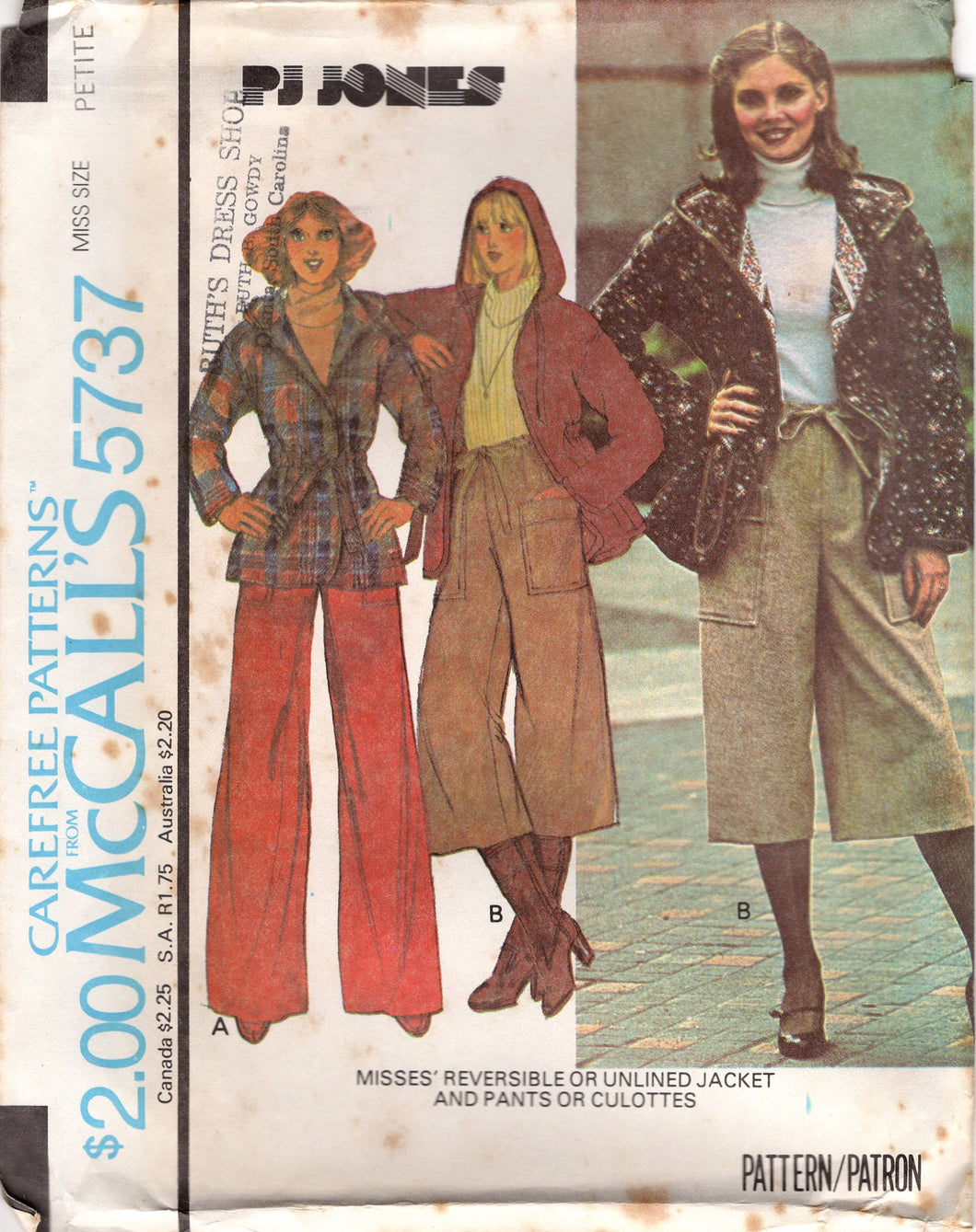 1970's McCall's Reversible or Unlined Jacket with a Hood, and Wide Leg Culottes or Pants pattern - Bust 30.5-31.5