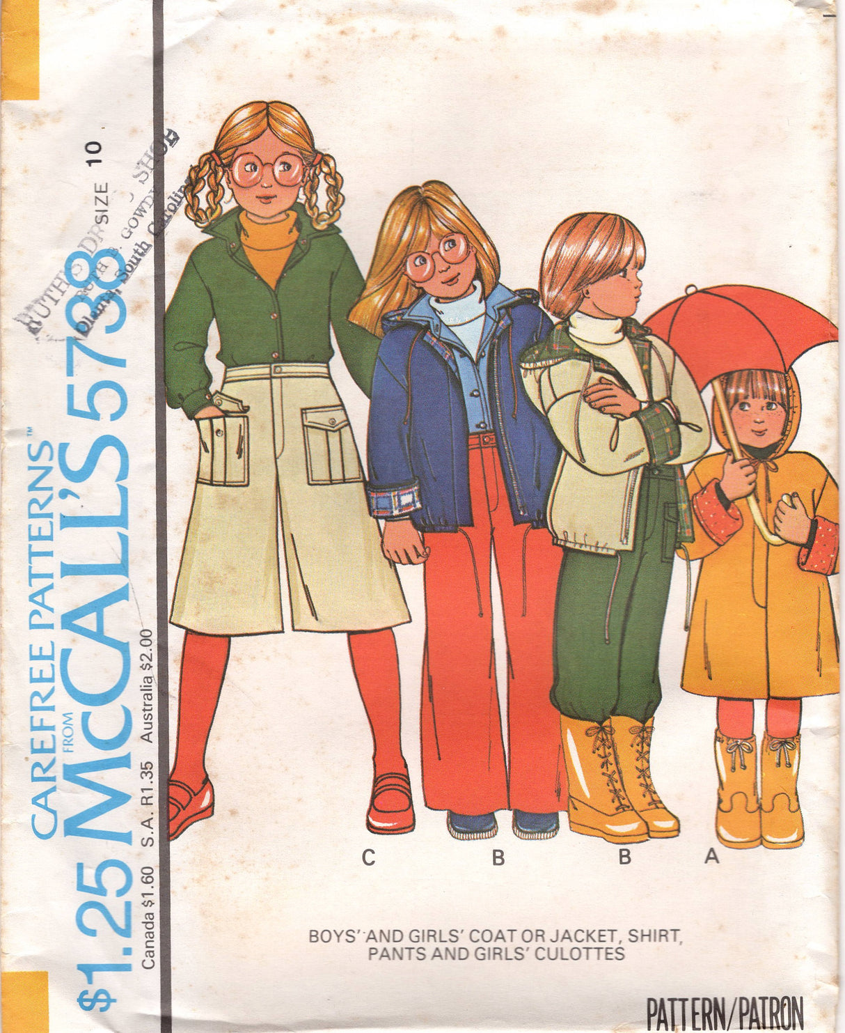 1970's McCall's Child's Coat or Jacket, Shirt, and Pants or Culottes Pattern - Size 4-10 - No. 5738